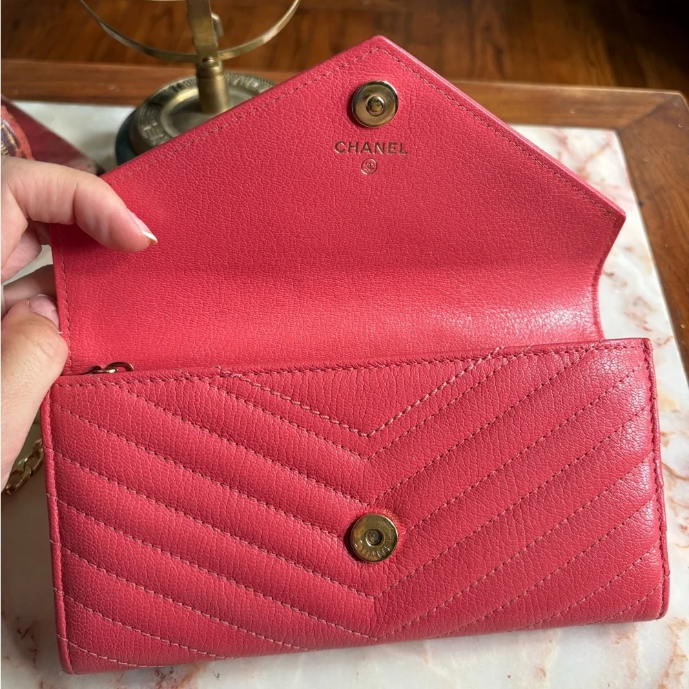 Chanel Pink and Gold Quilted Chevron Wallet with Added Chain